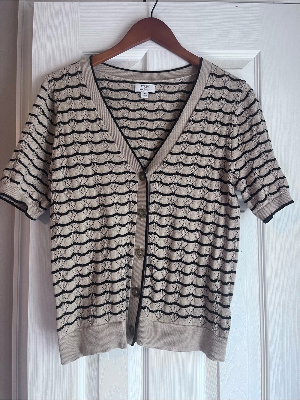 J. Crew Beige and Black Short-Sleeve V-Neck Cardigan